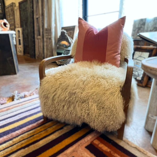 Wood arm, taupe fur accent chair. 