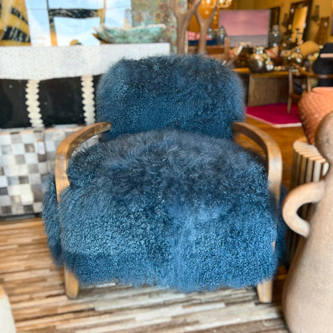 Fluffy blue fur chair. 