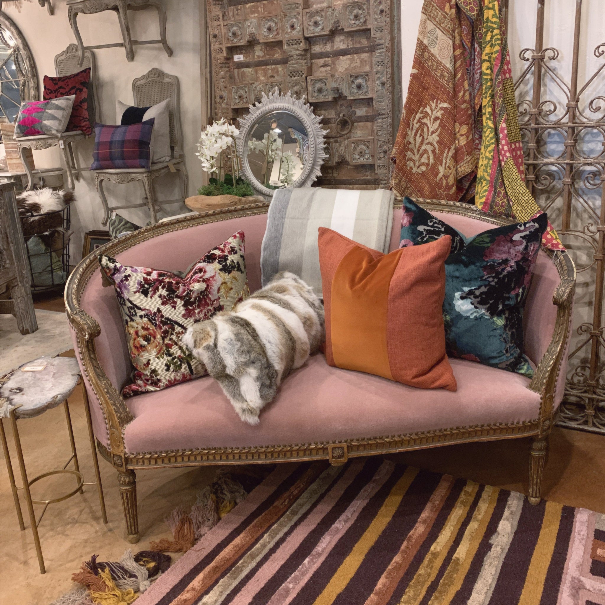 Antique Bench w/Pink Mohair