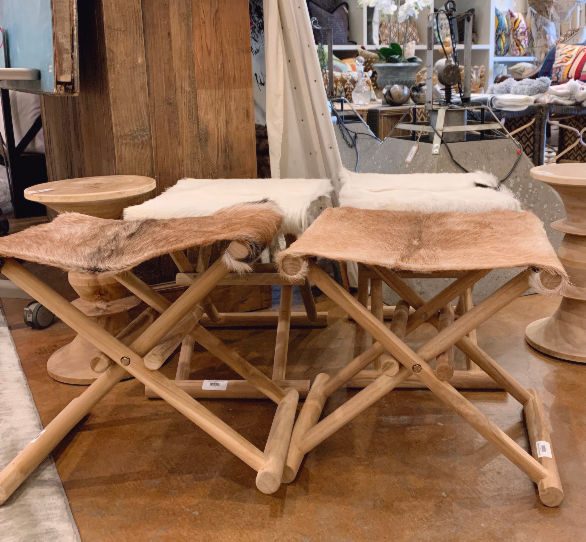 Folding Stool Brown/White Leather