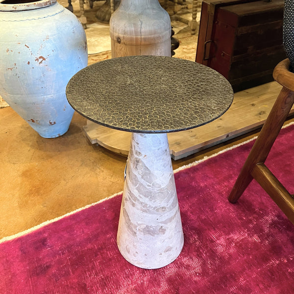 White Marble based side table with hammered metal top.