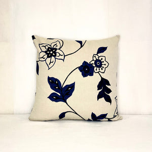 Black & Navy Flowers on Linen Pillow