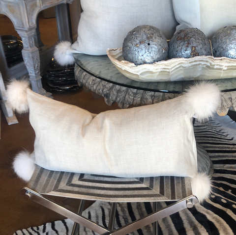 Rox Linen w Raccoon Poms Pillow - 16x32