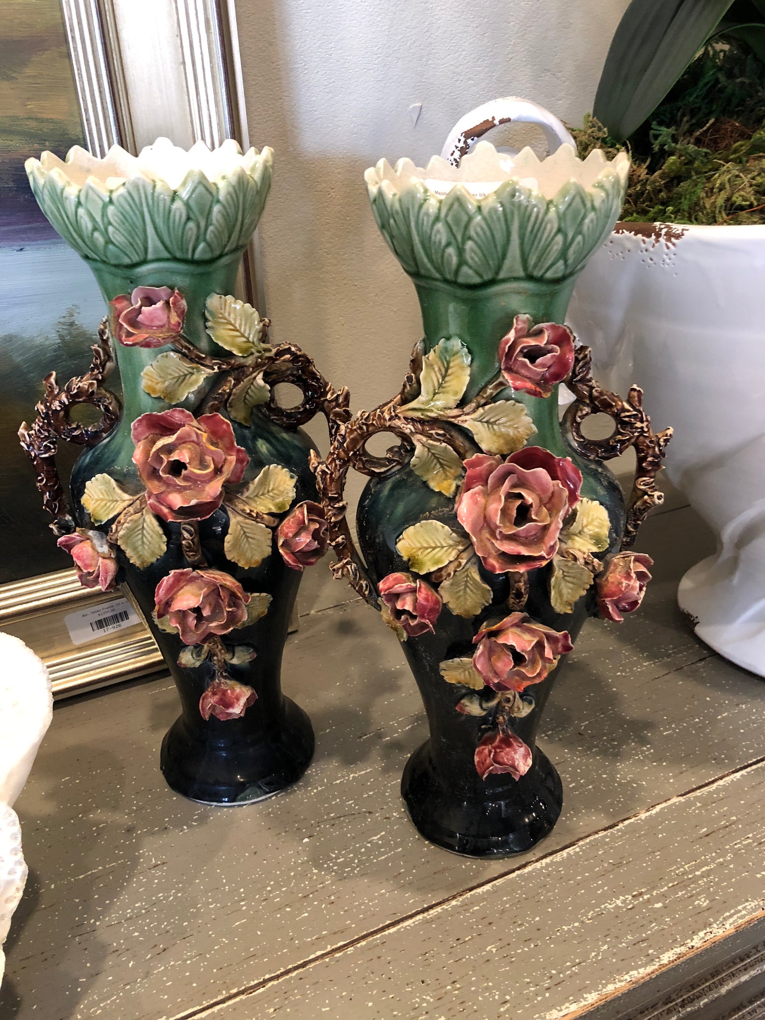 Majolica Vases-pair blk/green w red roses